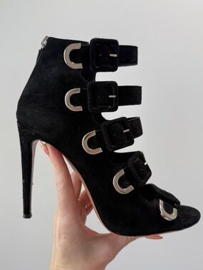 Aquazzura Multi-Buckle Suede Cage Heel | Black Sculptural Stiletto | size 39.5